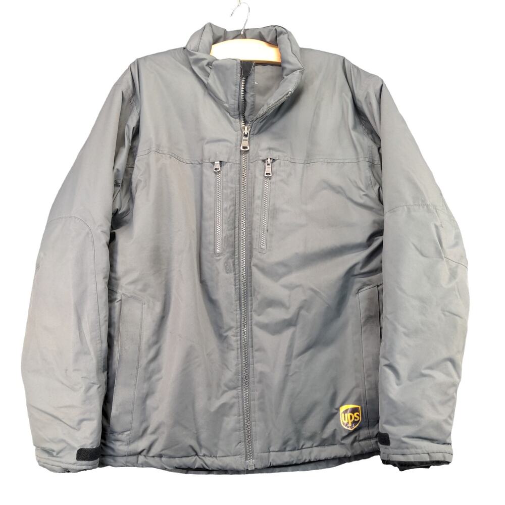 UPS Uniform Coat Mens Size M Gray Full Zip Pockets Clique Graphic Logo